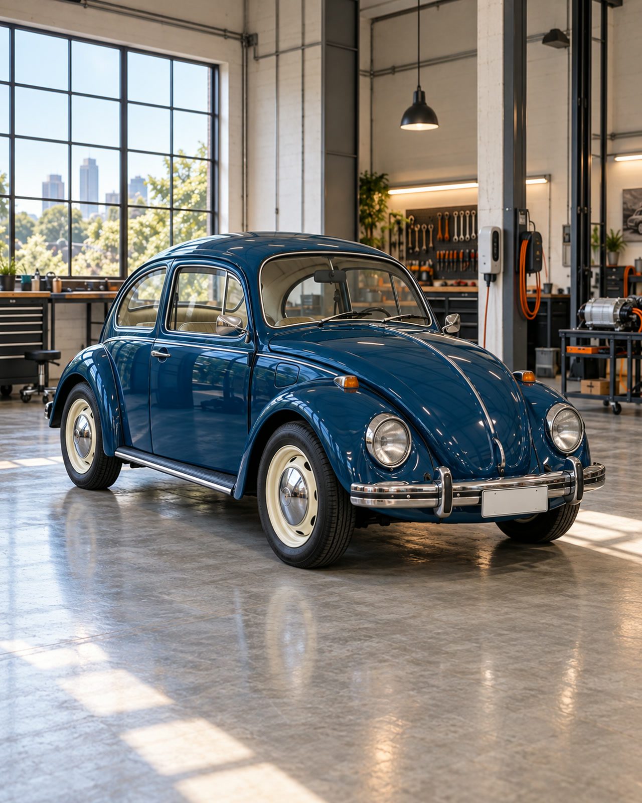 Fusca 1972 azul-petróleo parado dentro da oficina, visto de três quartos, com a lataria original e rodas brancas.