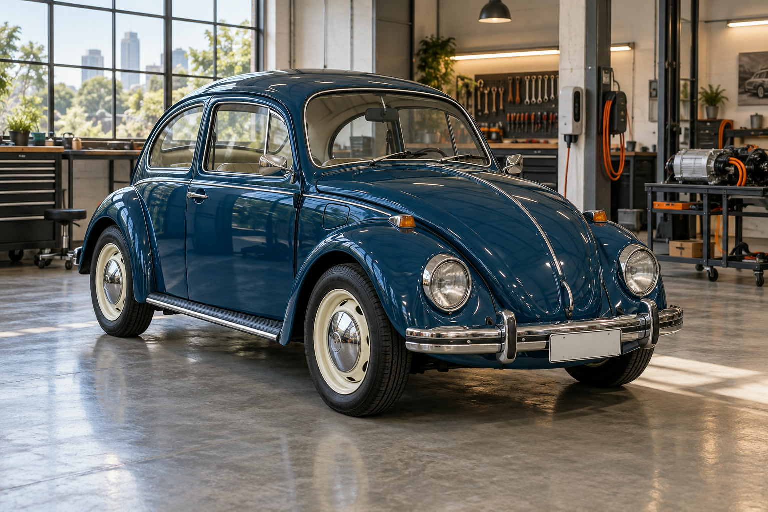 Fusca 1972 azul-petróleo de três quartos dentro da oficina, com a lataria original.