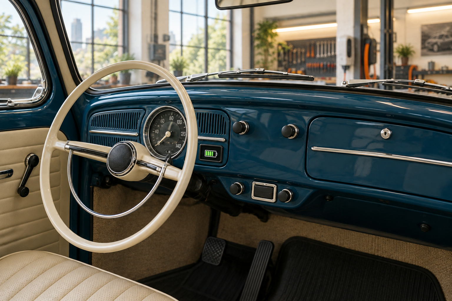 Painel de época do Fusca com volante branco e um indicador discreto de carga da bateria.