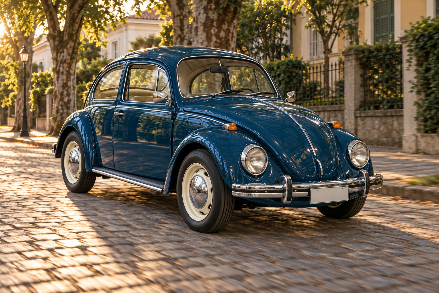 O Fusca elétrico azul-petróleo numa rua de paralelepípedo ao fim da tarde.